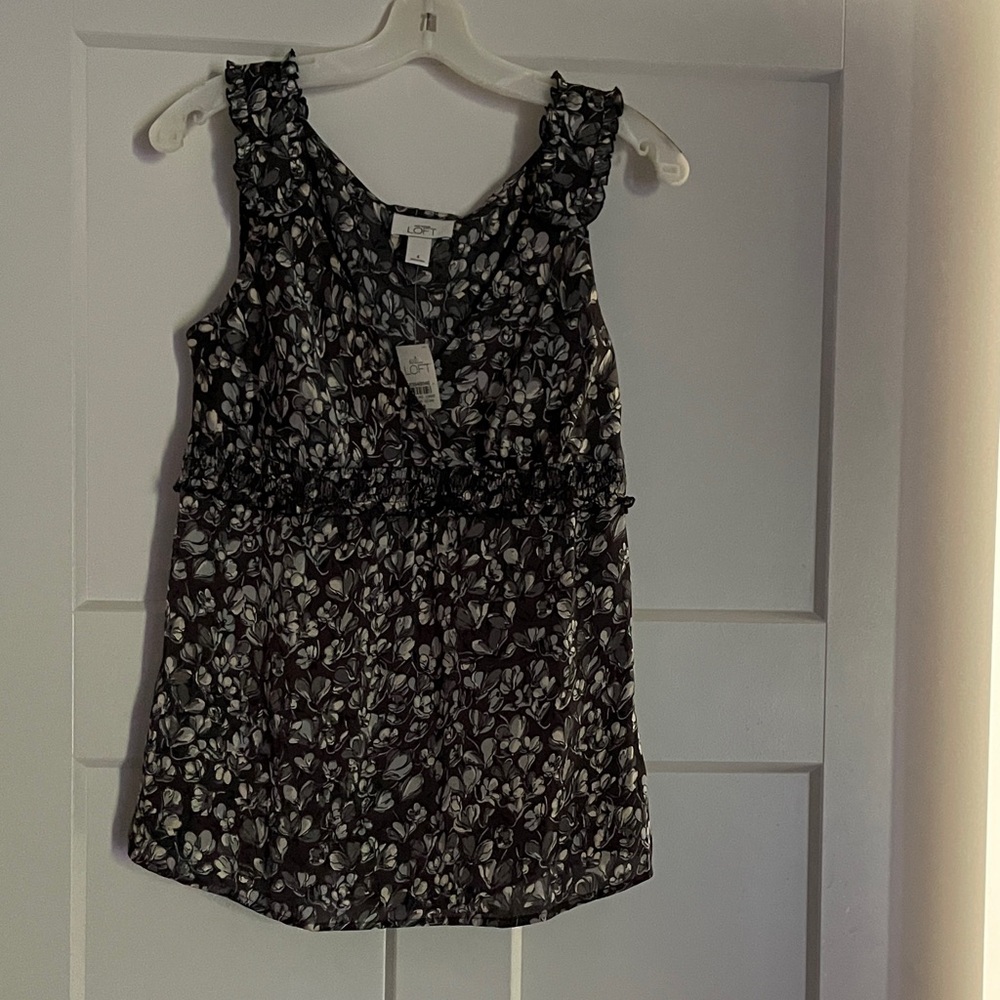 LOFT silk Black and White Floral Ruffled V-Neck Camisole